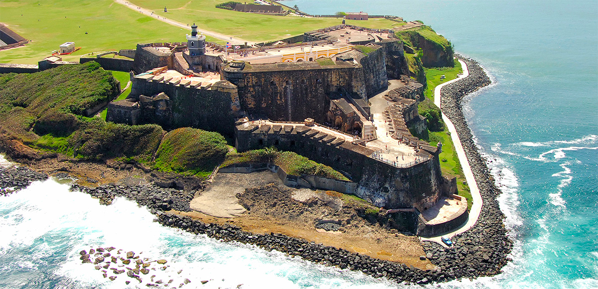 Panoramic view of the colonial fortresses of El Morro and La